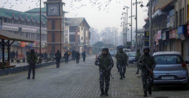 Indian paramilitary soldiers patrol a street in Srinagar, the summer capital of Kashmir, Jan. 26, 2023. (EPA Photo)