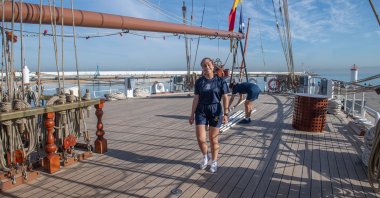 Members of the crew work on the Peruvian Navy training ship BAP Union docked in Tangier for a visit aiming to promote culture and tourism and celebrate the 60th anniversary of the establishment of official relations between Peru and Morocco, Morocco, Jan. 26, 2024. (EPA Photo)