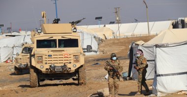 Members of the PKK terrorist organization's Syrian wing YPG patrol in Hassakeh, Syria, Jan. 27, 2024. (EPA Photo)