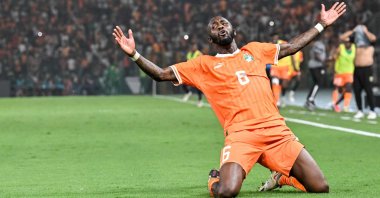 Ivory Coast's Seko Fofana celebrates a goal in the AFCON quarterfinal against Mali, Bouake, Ivory Coast, Feb. 3, 2024. (AFP Photo)