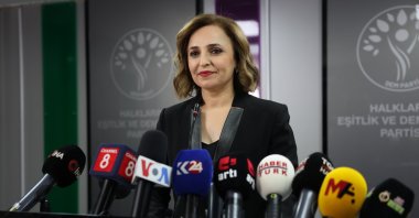 YSP spokesperson Ayşegül Doğan announced the party's election decision at a news conference in the capital Ankara, Türkiye, Feb. 4, 2024. (DHA Photo)