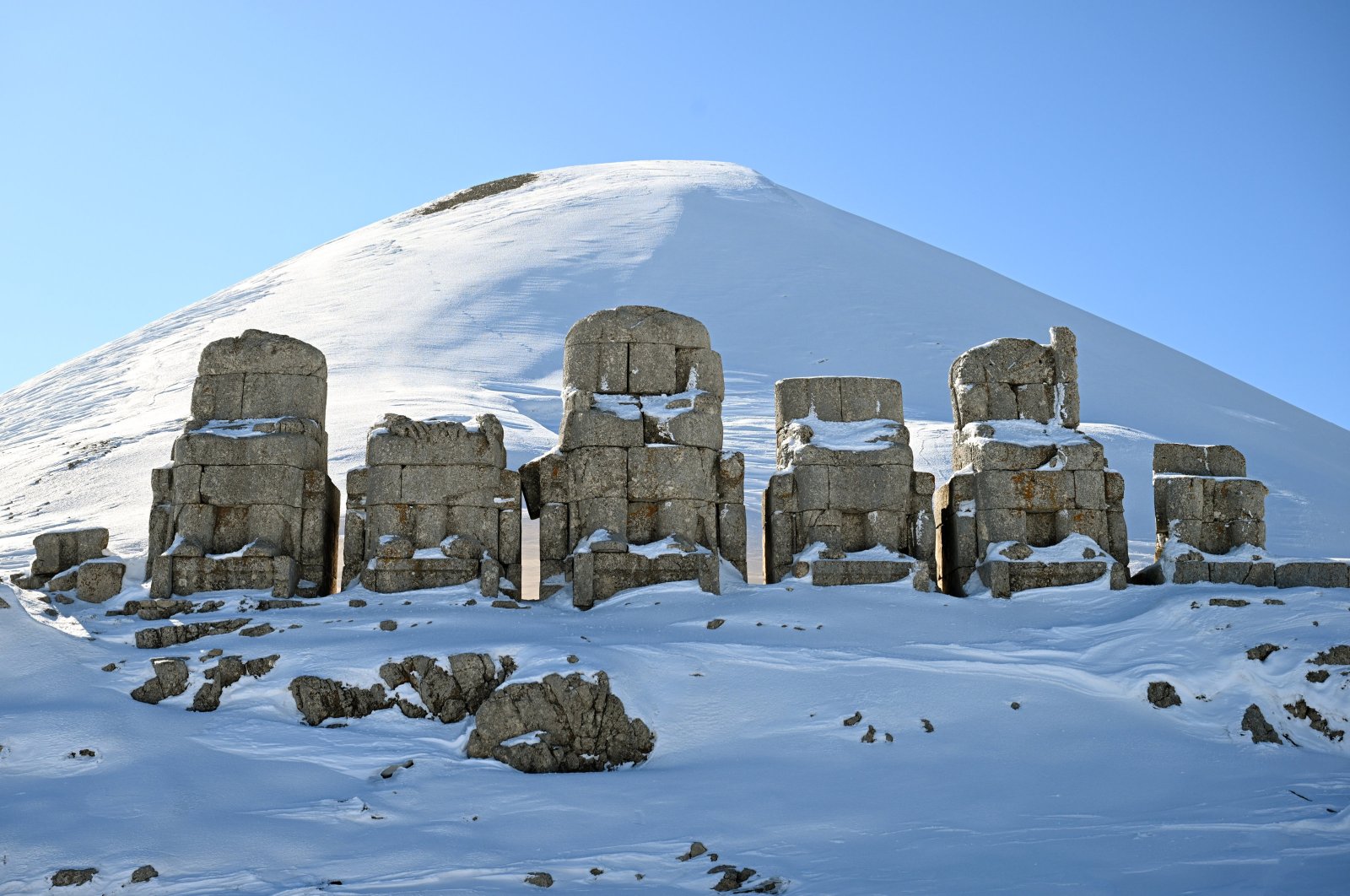 UNESCO-listed Mount Nemrut at 2,150 meters welcomes visitors with enchanting views, Adıyaman, Türkiye, Feb. 2, 2024. (AA Photo)