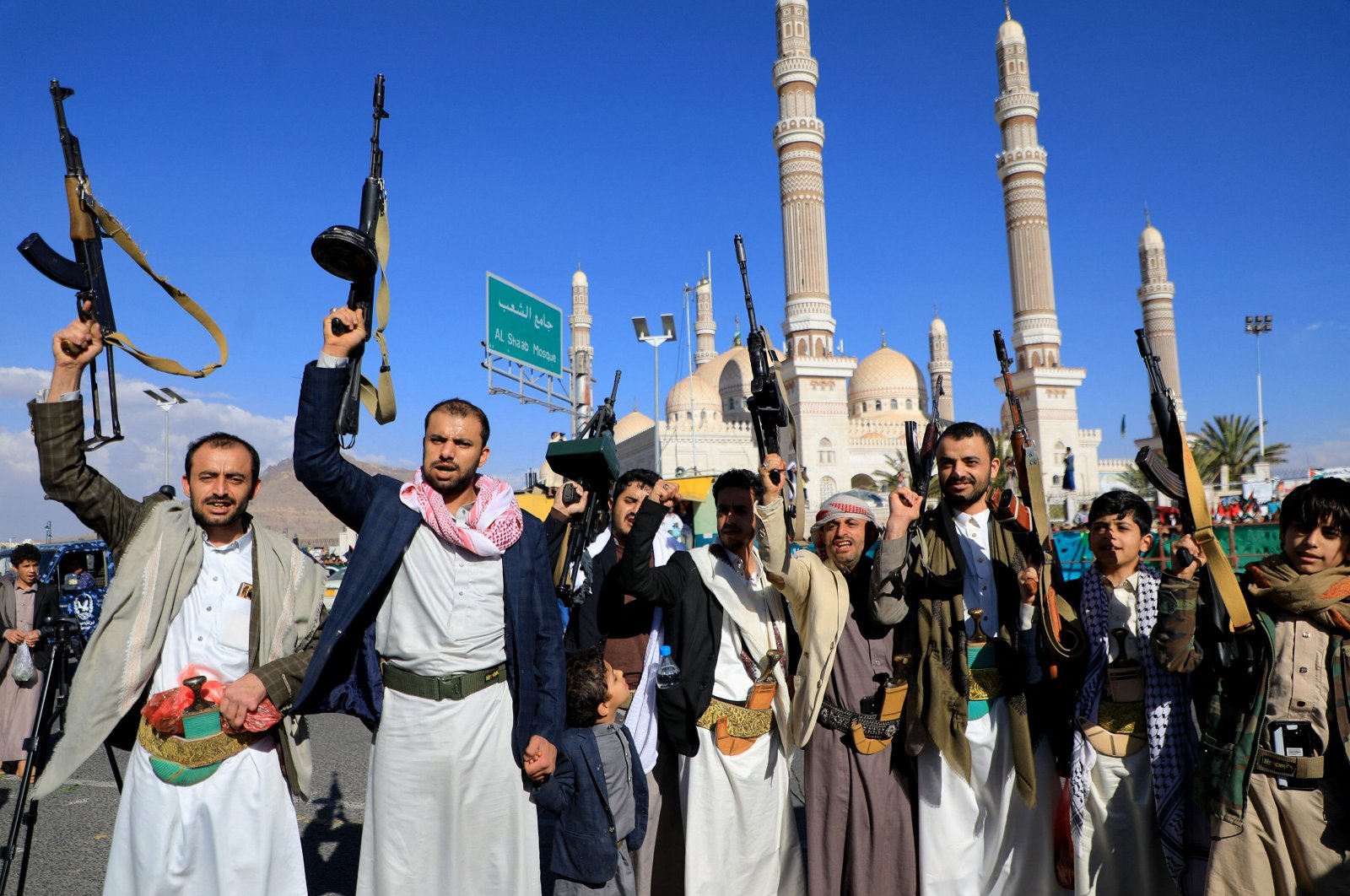 Armed Yemeni demonstrators take to the streets of the Houthi-controlled capital Sanaa, Yemen, Feb. 2, 2024. (AFP Photo)