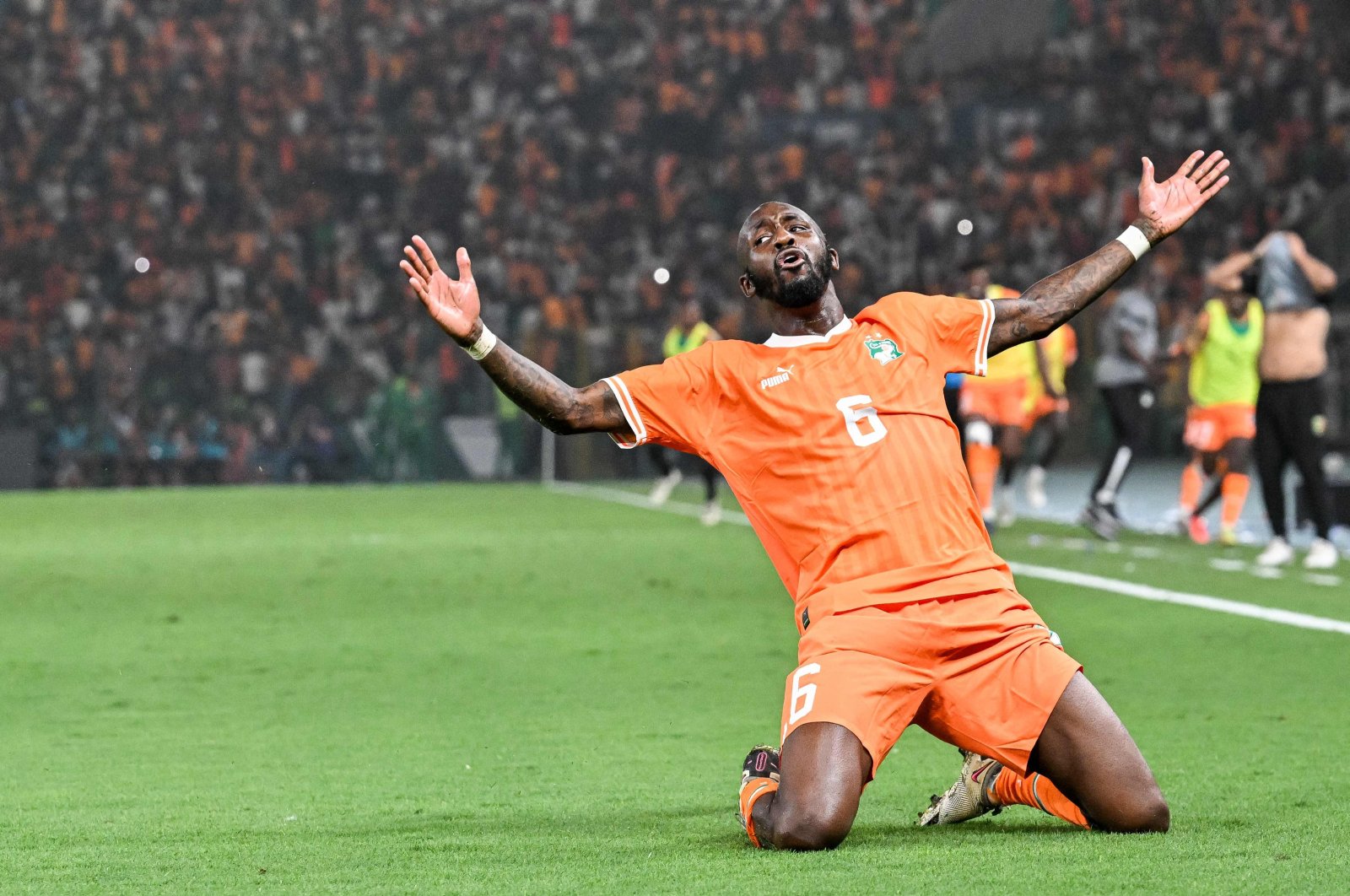 Ivory Coast&#039;s Seko Fofana celebrates a goal in the AFCON quarterfinal against Mali, Bouake, Ivory Coast, Feb. 3, 2024. (AFP Photo)