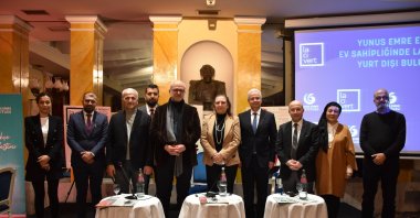 After the event, Lacivert Magazine's Editor-in-Chief Mustafa Akar (2nd L), author Ekrem Demirli (3rd L), Daily Sabah's Editor-in-Chief Ibrahim Altay (4th L), Dr. Kemal Sayar (5th L), Turkuvaz Magazine Group's General Manager Yasemin Gebeş (5th R), Turkey's Ambassador to Rome Ömer Gücük (4th R), YEE Rome Turkish Cultural Center Director Zafer Kıyıcı (3rd R) and his wife Gözde Kıyıcı (2nd R), along with Dr. Savaş Barkçin (far right), pose for a photograph, Rome, Italy, Jan. 25, 2024. (AA Photo)