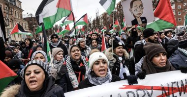 Pro-Palestinian protesters march in Copenhagen, Denmark, Jan. 7, 2024. (EPA Photo)