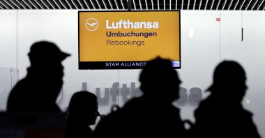 A display board of Lufthansa during a strike of aviation security staff at the airport in Frankfurt, Germany, Feb. 1, 2024. (EPA Photo)