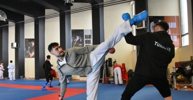 Turkish karateka, Yusuf Eren Temizel, trains for the Youth and Under-21 European Championships, Erzurum, Türkiye, Feb. 5, 2024. (AA Photo)