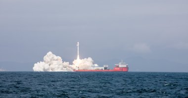  A ship carrying nine satellites blasts off from waters off the coast of Yangjiang, south China&#039;s Guangdong Province, Feb. 3, 2024. (EPA via Xinhua)