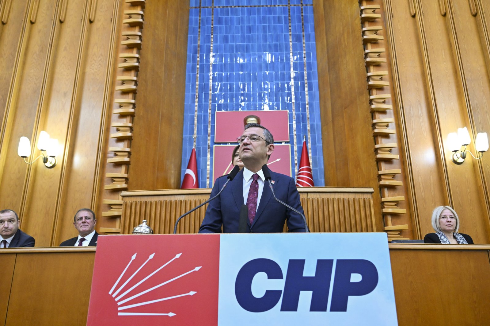 Main opposition Republican People&#039;s Party (CHP) Chairperson Özgür Özel addresses party members at a meeting, Ankara, Türkiye, Jan. 23, 2024. (AA Photo)
