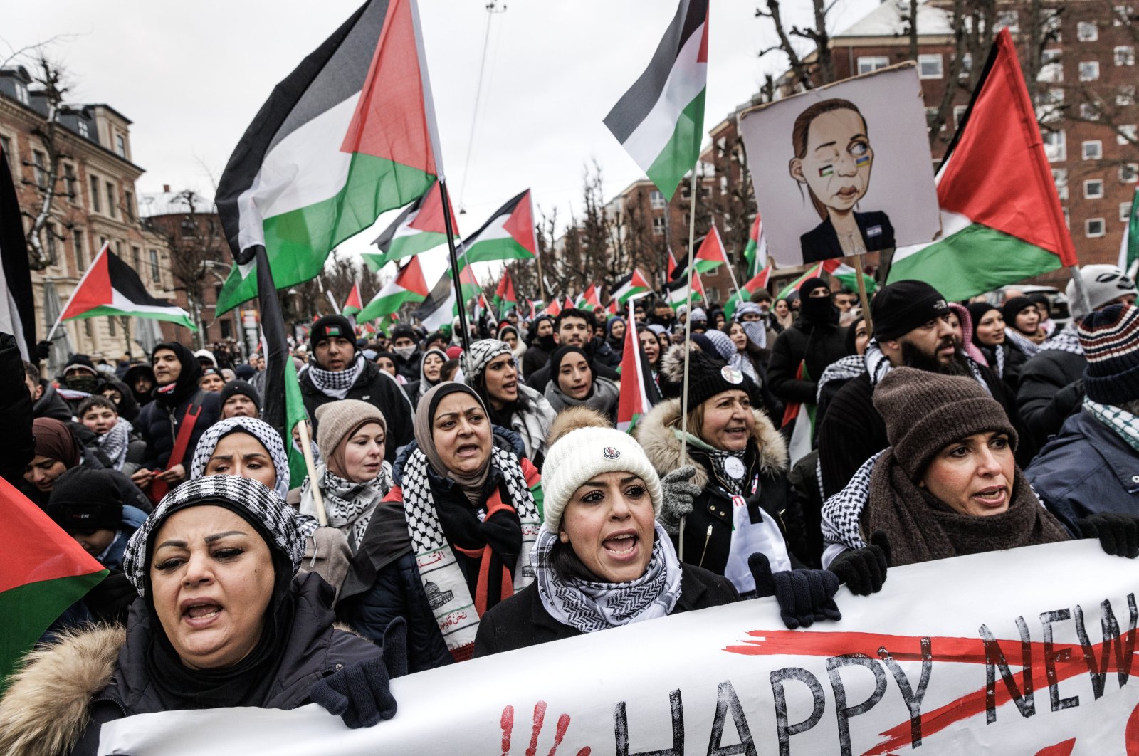 Pro-Palestinian protesters march in Copenhagen, Denmark, Jan. 7, 2024. (EPA Photo)