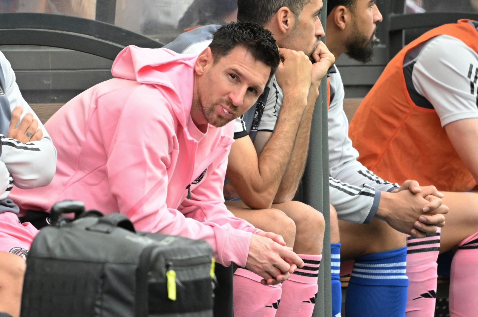 Inter Miami&#039;s Lionel Messi (L) sits on the bench during the friendly football match between Hong Kong XI and U.S. Inter Miami CF, Hong Kong, Feb. 4, 2024. (AFP Photo)