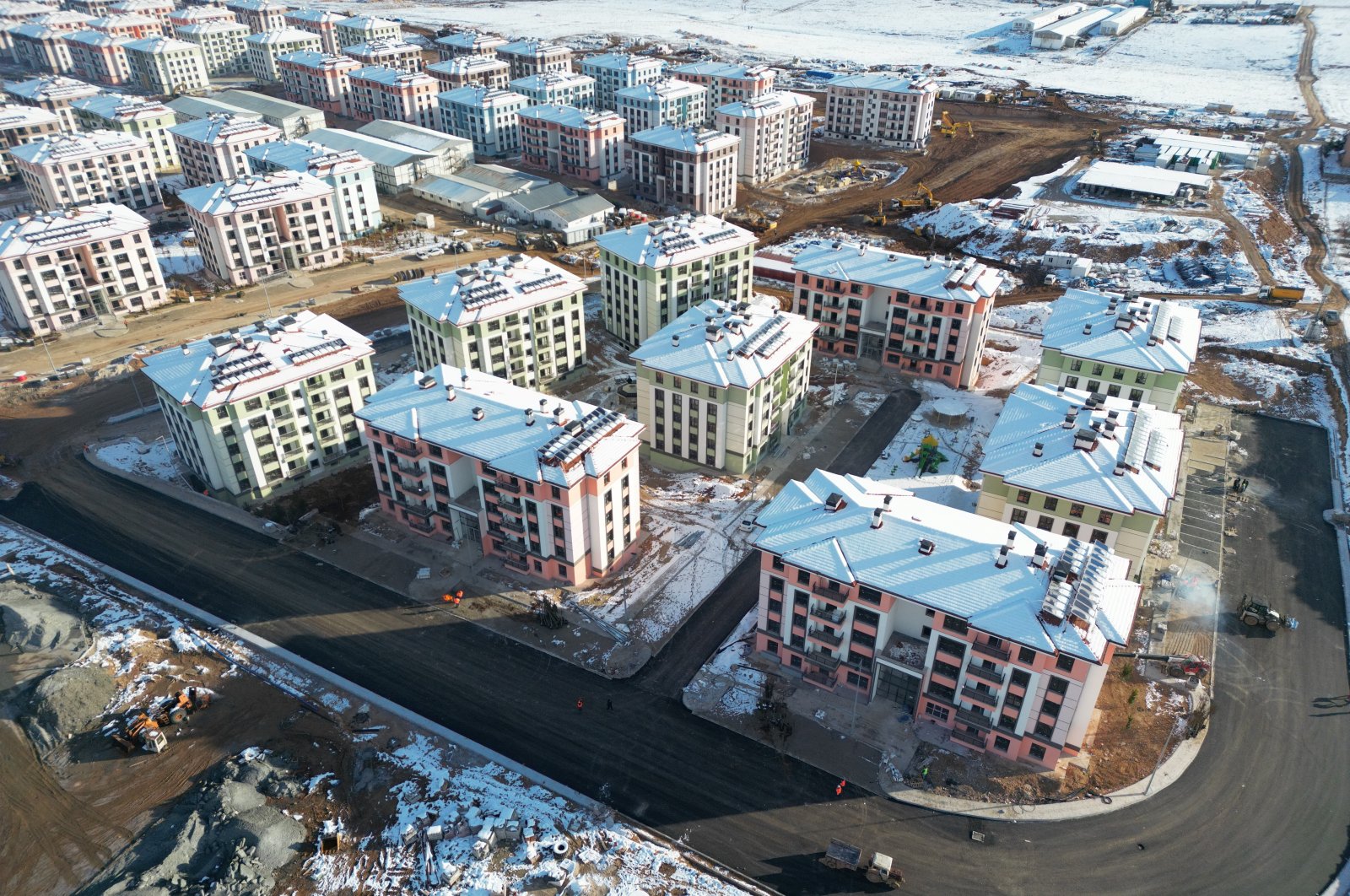 An aerial view of apartment buildings built for earthquake survivors, Adıyaman, southeastern Türkiye, Feb. 4, 2024. (Courtesy of the Presidency&#039;s Directorate of Communications)