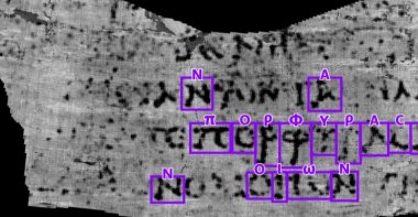 The Ancient Greek characters, πορφύραc, revealed as the word “purple,” are among the multiple characters and lines of text that have been extracted by Vesuvius Challenge contestant Luke Farritor. (Photo courtesy of University of Kentucky)