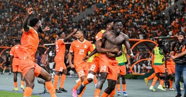 Ivory Coast players celebrate after a goal during the AFCON 2024 quarterfinal match against Mali at the Stade de la Paix, Bouake, Ivory Coast, Feb. 3, 2024. (AFP Photo)