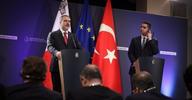 Foreign Minister Hakan Fidan (L) speaks at a news conference with Maltese Foreign Minister Ian Borg, Valletta, Malta, Feb. 6, 2024. (AA Photo)