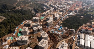An aerial view shows new residential buildings being constructed for people left homeless after last year's devastating earthquake in Hatay province, Türkiye, Feb. 2, 2024. (Reuters Photo)