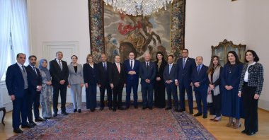 Ambassadors pose for a group photo at the meeting on the Israel-Palestine issue, hosted by Czech Foreign Minister Jan Lipavsky in Prague, Feb. 6, 2024. (AA Photo)
