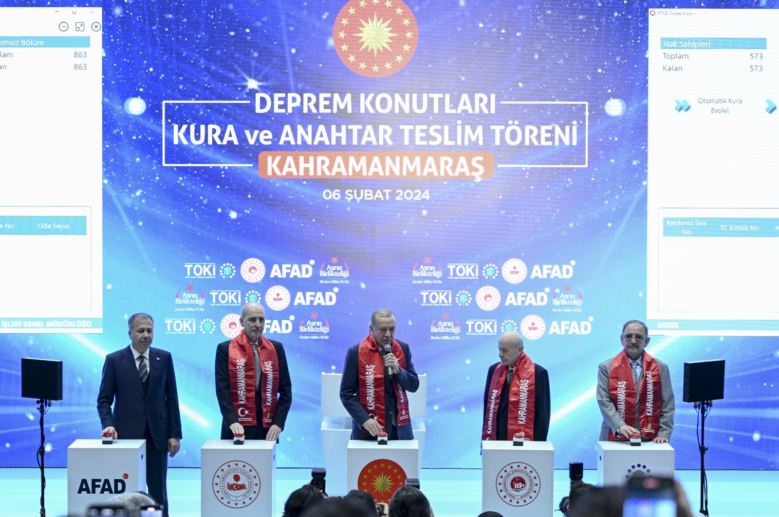 President Recep Tayyip Erdoğan (C) pushes a button for a draw for houses of earthquake victims, in Kahramanmaraş, southeastern Türkiye, Feb. 6, 2024. (AA Photo)