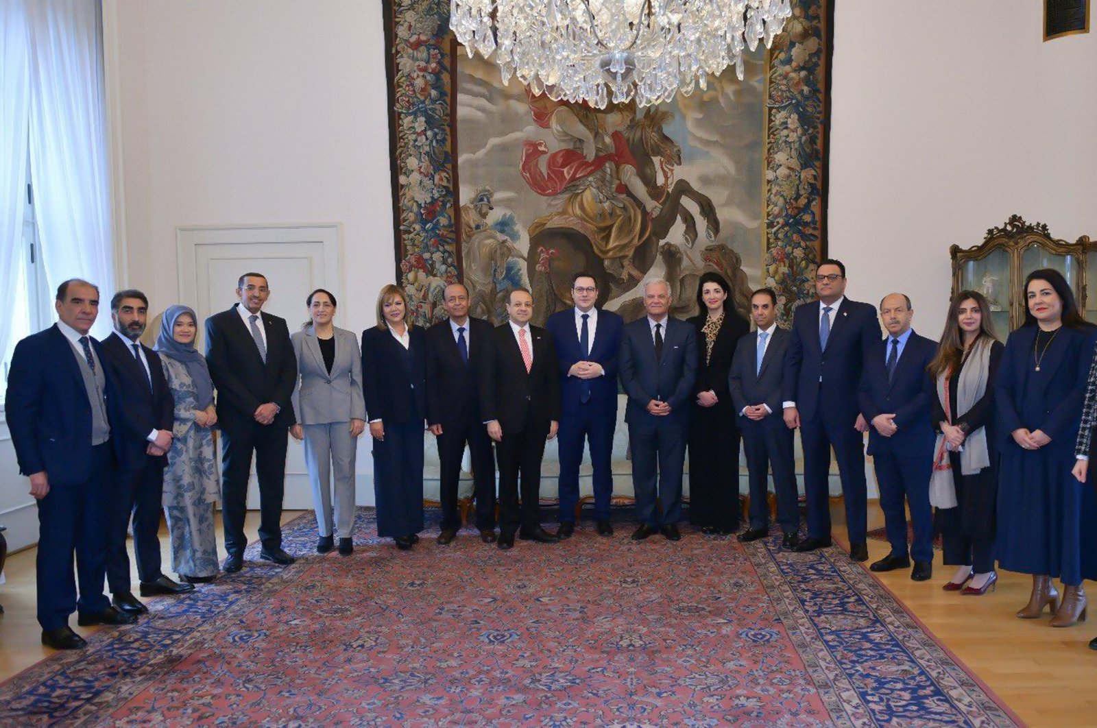 Ambassadors pose for a group photo at the meeting on the Israel-Palestine issue, hosted by Czech Foreign Minister Jan Lipavsky in Prague, Feb. 6, 2024. (AA Photo)