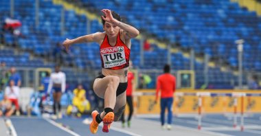 Türkiye&#039;s Tuğba Danışmaz in action during the Women&#039;s Triple Jump - Division 1, at the European Games 2023 in Silesian Stadium, Chorzow, Poland, June 24, 2023. (Getty Images Photo)