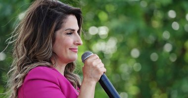 Başak Demirtaş, the wife of Selahattin Demirtaş, is seen speaking at the Green Left Party's (YSP) rally in the Diyarbakır province, Türkiye, May 13, 2023. (Getty Images Photo) 