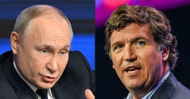 This combination of file pictures created on Feb. 6, 2024, shows Russian President Vladimir Putin (L) meeting with his confidants ahead of the upcoming presidential election in Moscow, Russia, Jan. 31, 2024; and U.S. conservative political commentator Tucker Carlson speaking at the Turning Point Action USA conference in West Palm Beach, Florida, U.S., July 15, 2023. (AFP Photo)
