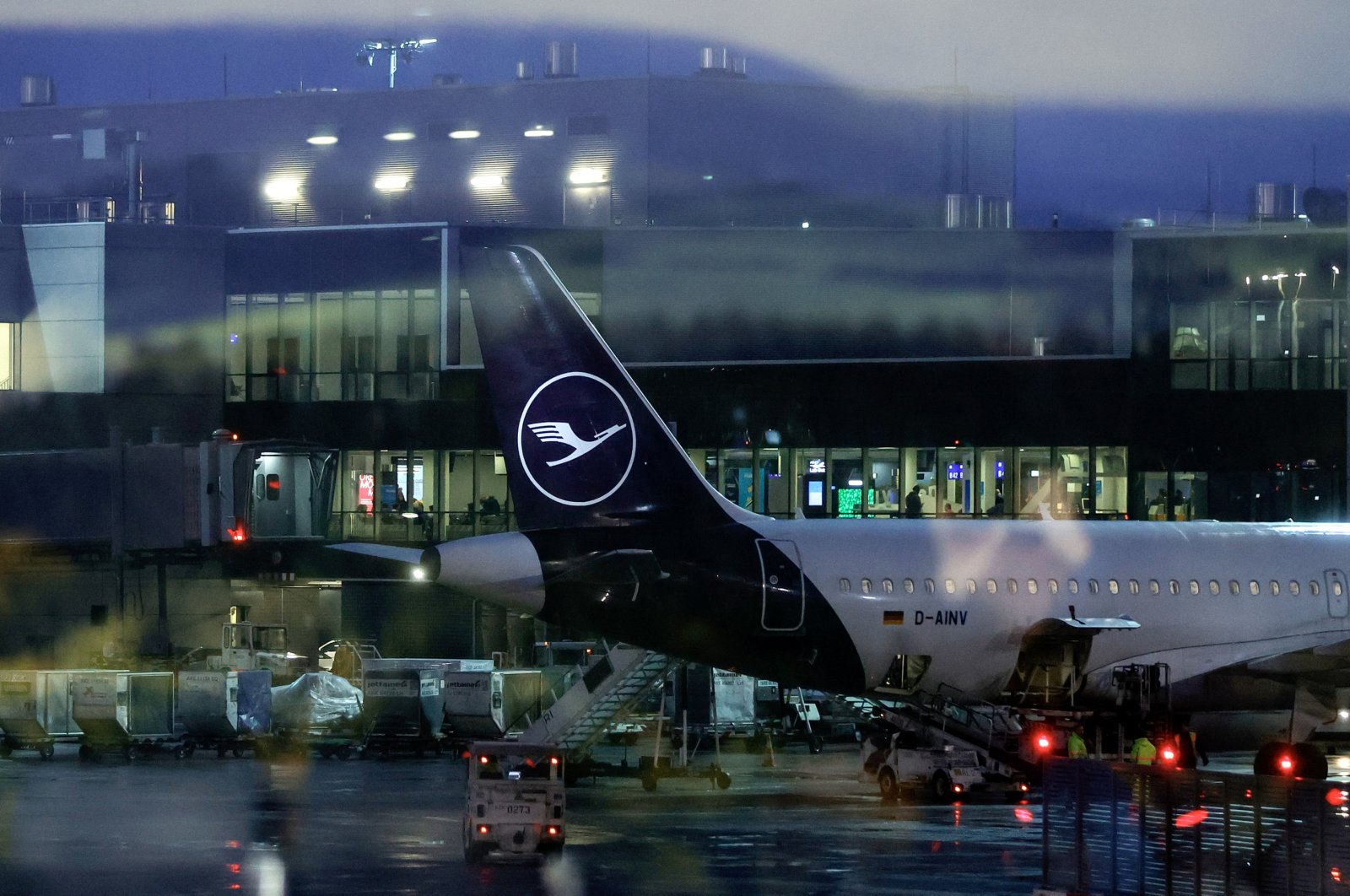 A Lufthansa aircraft is seen at a terminal during a strike of the aviation security staff at the airport in Frankfurt, Germany, Feb. 1 2024. (EPA Photo)