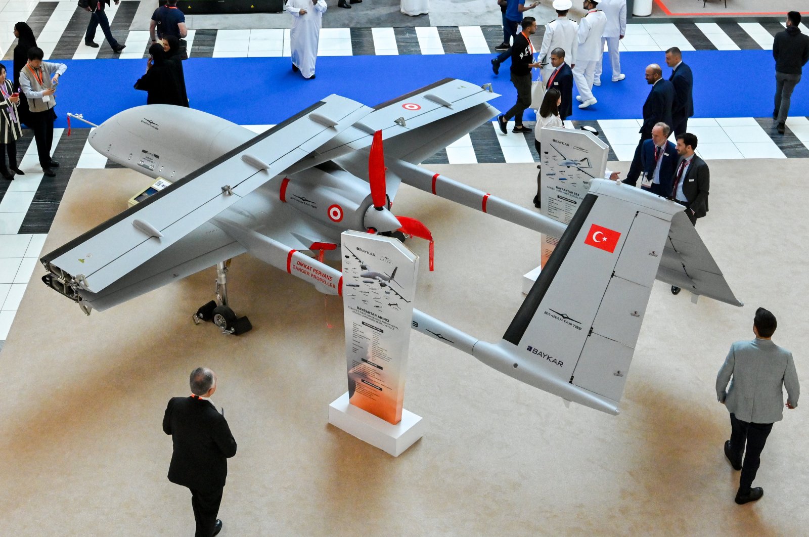 Bayraktar TB3 UCAV is exhibited at the UMEX 2024 International Unmanned Systems Exhibition and Conference, Abu Dhabi, United Arab Emirates, Jan. 23, 2024. (AA Photo)