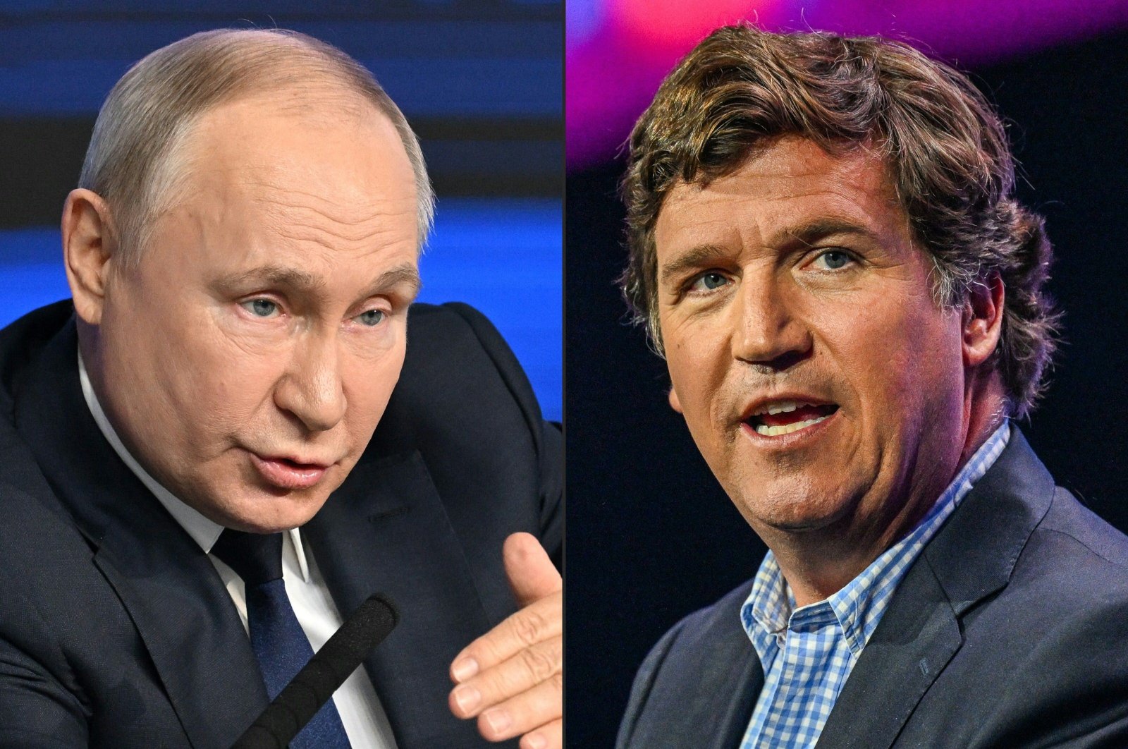 This combination of file pictures created on Feb. 6, 2024, shows Russian President Vladimir Putin (L) meeting with his confidants ahead of the upcoming presidential election in Moscow, Russia, Jan. 31, 2024; and U.S. conservative political commentator Tucker Carlson speaking at the Turning Point Action USA conference in West Palm Beach, Florida, U.S., July 15, 2023. (AFP Photo)