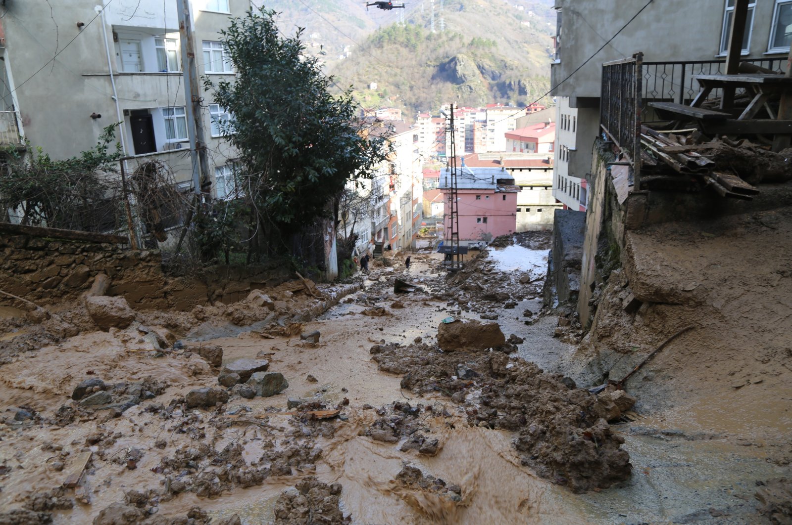 Roads turned into rivers after torrential rains caused landslides in Borcka, Artvin, northeastern Türkiye, Feb. 7, 2024. (IHA Photo)