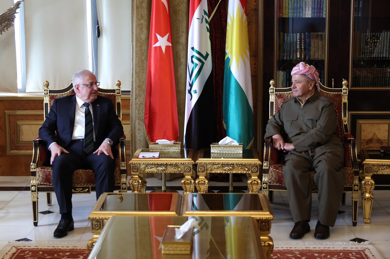 Defense Minister Yaşar Güler (L) meets with Masoud Barzani, the prime minister of the Kurdish Regional Government (KRG), Irbil, Iraq, Feb. 7, 2024. (AA Photo)