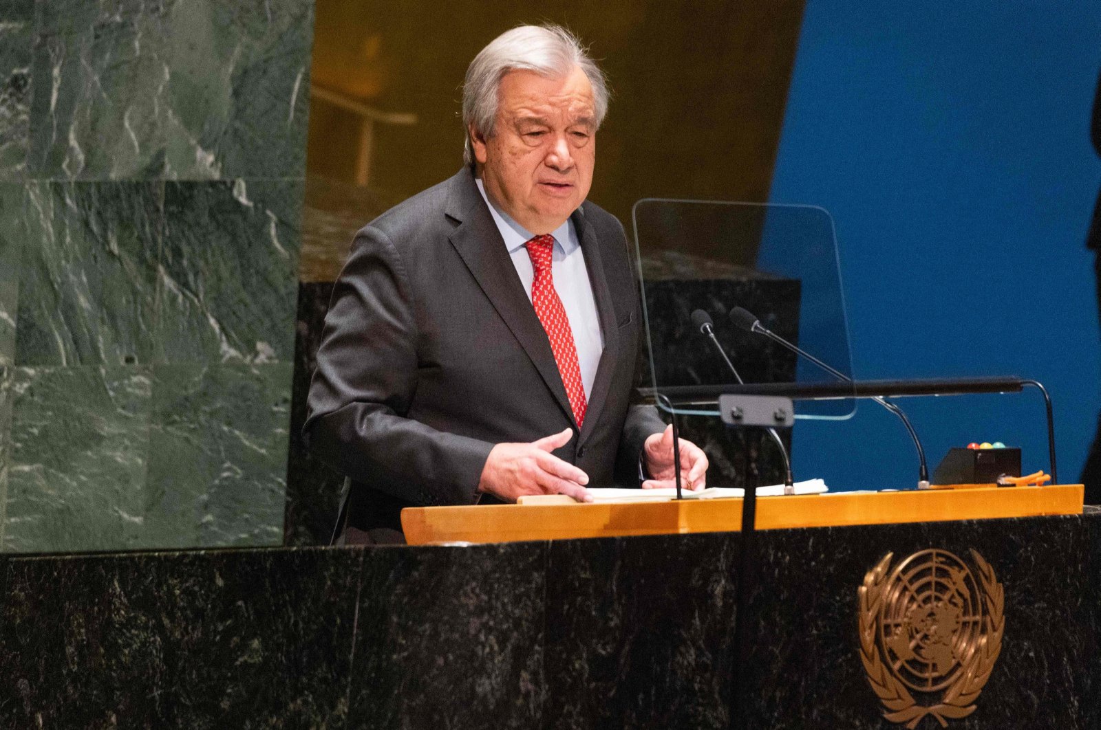 U.N. Secretary-General Antonio Guterres speaks at the General Assembly to present priorities for 2024 at U.N. headquarters in New York, Feb. 7, 2024. (AFP Photo)