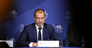 UEFA President Aleksander Ceferin speaks to the media during the 48th UEFA Ordinary Congress Press Conference at Maison De La Mutualite, Paris, France, Feb. 8, 2024. (Getty Images Photo)