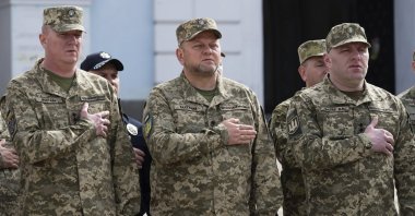 Commander-in-Chief of Ukraine&#039;s Armed Forces Valeriy Zaluzhny (C) attends an event for marking Statehood Day, Kyiv, Ukraine, July 28, 2023. (Ukrainian Presidential Press Office via AP)