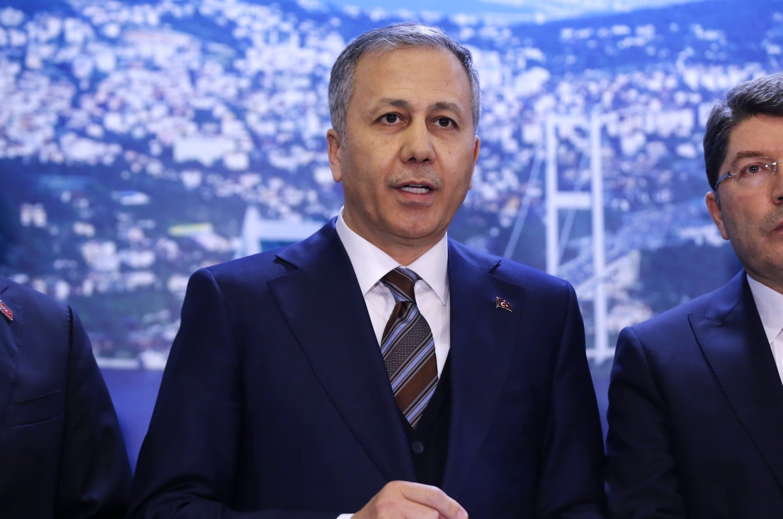 Interior Minister Ali Yerlikaya addresses the press at the Istanbul courthouse, Istanbul, Türkiye, Feb. 8, 2024. (AA Photo)