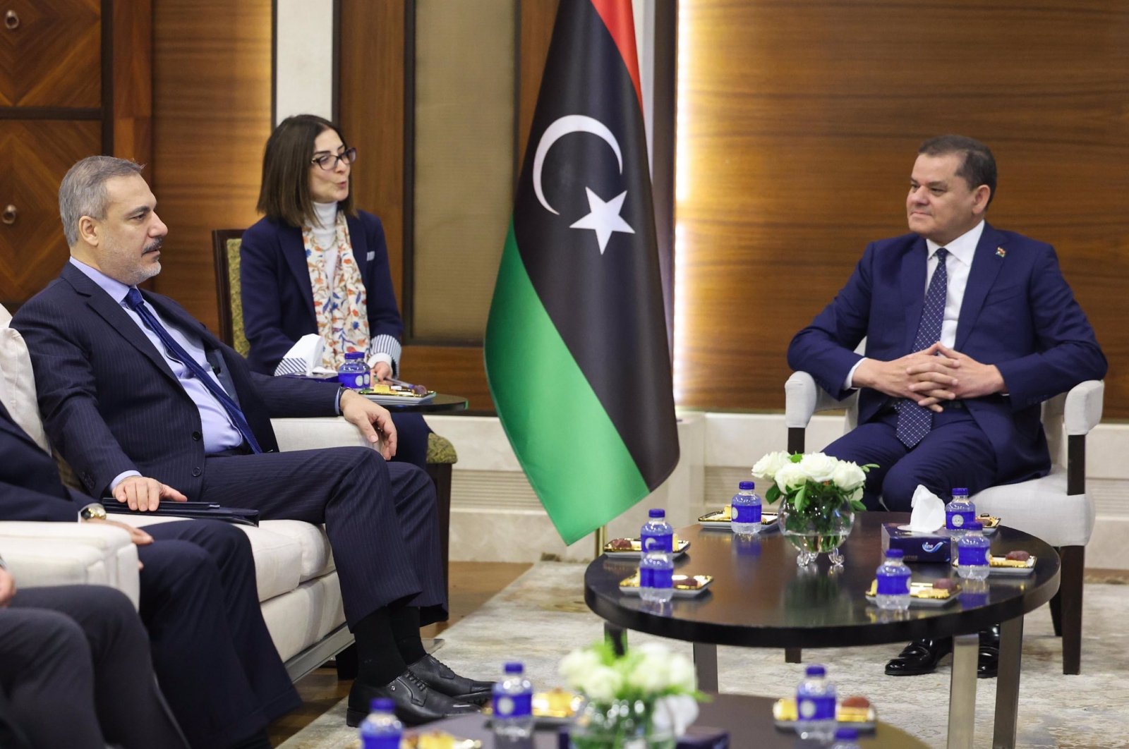 Foreign Minister Hakan Fidan (L) meets with Abdul Hamid Mohammed Dbeibah, the prime minister of the Government of National Unity, Tripoli, Libya, Feb. 7, 2024. (DHA Photo)