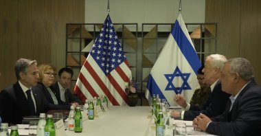U.S. Secretary of State Antony Blinken (L) meets with former Israel Defense Forces (IDF) chief Gadi Eisenkot (R) and former Israeli Defense Minister Benny Gantz in Tel Aviv, Israel, Feb. 8, 2024. (AP Photo)