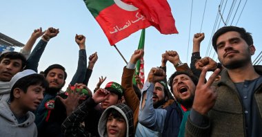 Supporters of the Pakistan Tehreek-e-Insaf (PTI) party protest outside the office of a Returning Officer in Peshawar, Pakistan, Feb. 9, 2024. (AFP Photo)