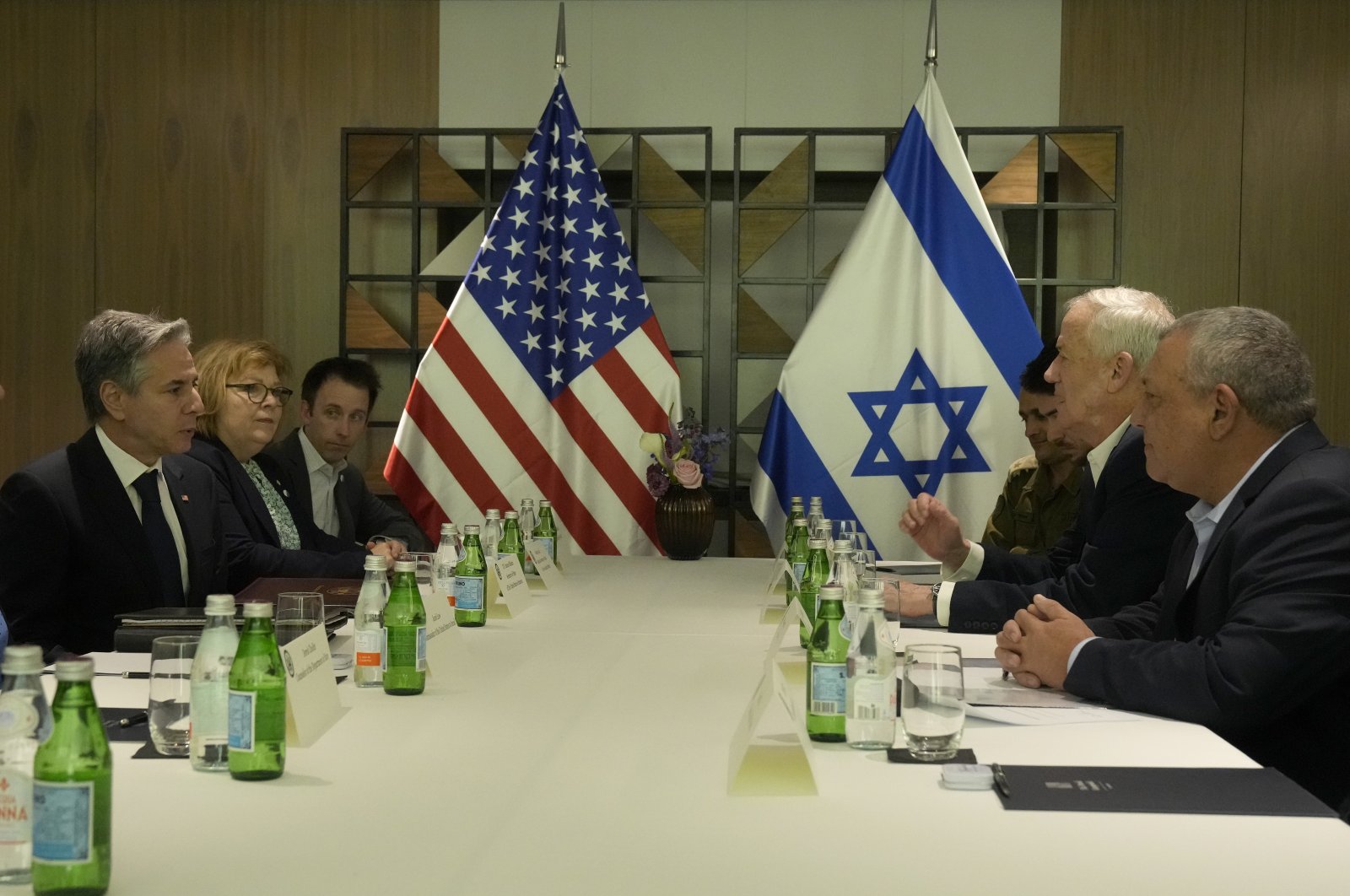 U.S. Secretary of State Antony Blinken (L) meets with former Israel Defense Forces (IDF) chief Gadi Eisenkot (R) and former Israeli Defense Minister Benny Gantz in Tel Aviv, Israel, Feb. 8, 2024. (AP Photo)