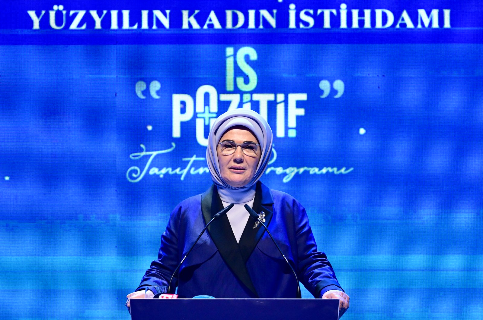 First Lady Emine Erdoğan speaks at a women&#039;s empowerment conference in Istanbul, Feb. 9, 2024. (AA Photo)