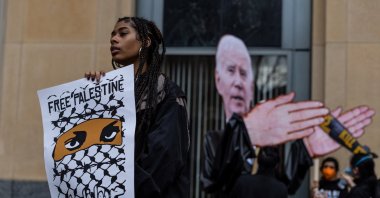 People attend a protest outside of a federal court building where members of the Palestinian community present oral argument in a lawsuit filed against U.S. President Joe Biden, U.S. Secretary of State Antony Blinken and U.S. Secretary of Defense Lloyd Austin seeking an emergency order halting U.S. support for Israel, in Oakland, California, U.S., Jan. 26, 2024. (Reuters Photo)