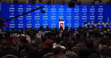Parliament Speaker Numan Kurtulmuş is seen speaking at the 5th General Assembly of the Islamic Cooperation Youth Forum (ICYF) in Istanbul, Türkiye, Feb.10, 2024. (AA Photo)