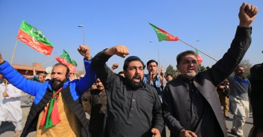 Supporters of the Pakistan Tehrik-e-Insaf (PTI) political party gather to protest alleged rigging in the general elections, in Peshawar, Pakistan, Feb. 11, 2024. (EPA Photo)