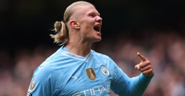 Manchester City's Erling Haaland celebrates a goal in a Premier League match against Everton, Manchester, U.K., Feb. 10, 2024. (EPA Photo)