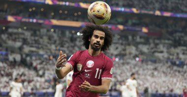 Qatar's forward Akram Afif during AFC Qatar 2023 Asian Cup final against Jordan, Lusail, Doha, Qatar, Feb. 10, 2024.
