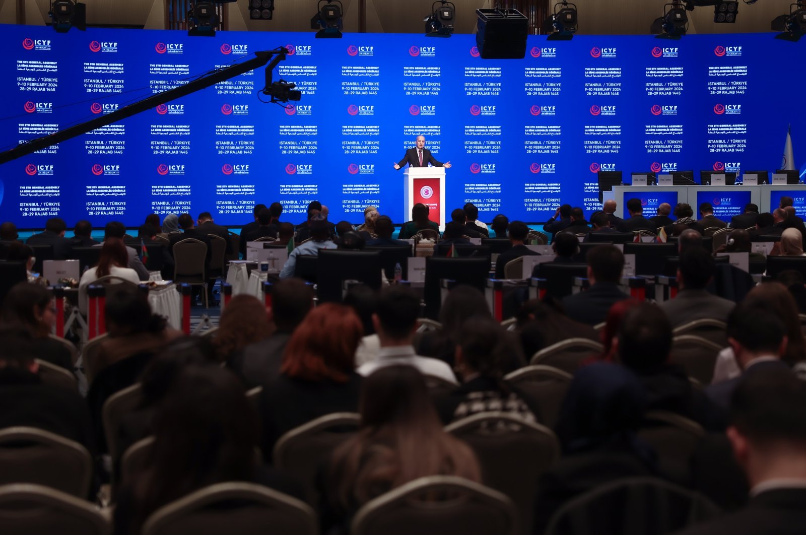 Parliament Speaker Numan Kurtulmuş is seen speaking at the 5th General Assembly of the Islamic Cooperation Youth Forum (ICYF) in Istanbul, Türkiye, Feb.10, 2024. (AA Photo)