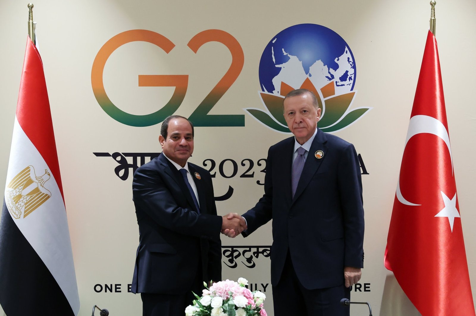 President Recep Tayyip Erdoğan and Egyptian President Abdel-Fattah el-Sissi meet on the sidelines of the G-20 leaders summit in New Delhi, India, Sept. 10, 2023 (AA Photo)