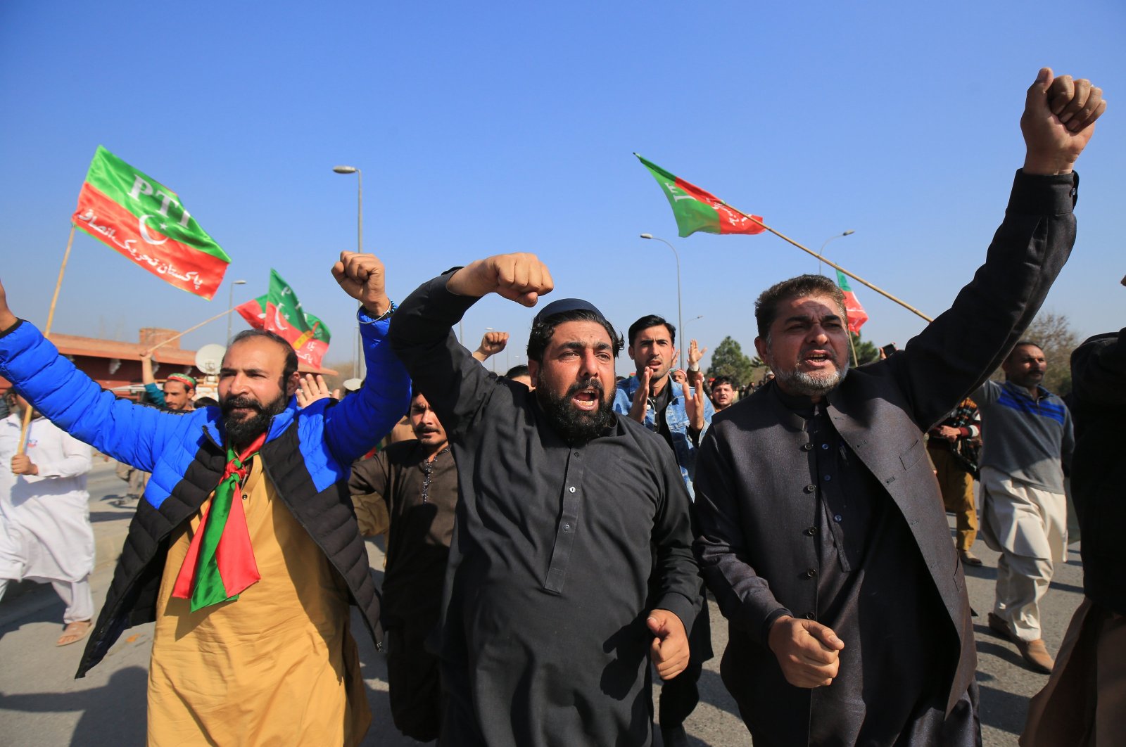 Supporters of the Pakistan Tehrik-e-Insaf (PTI) political party gather to protest alleged rigging in the general elections, in Peshawar, Pakistan, Feb. 11, 2024. (EPA Photo)