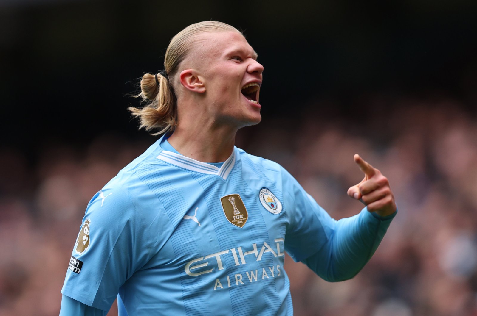 Manchester City&#039;s Erling Haaland celebrates a goal in a Premier League match against Everton, Manchester, U.K., Feb. 10, 2024. (EPA Photo)